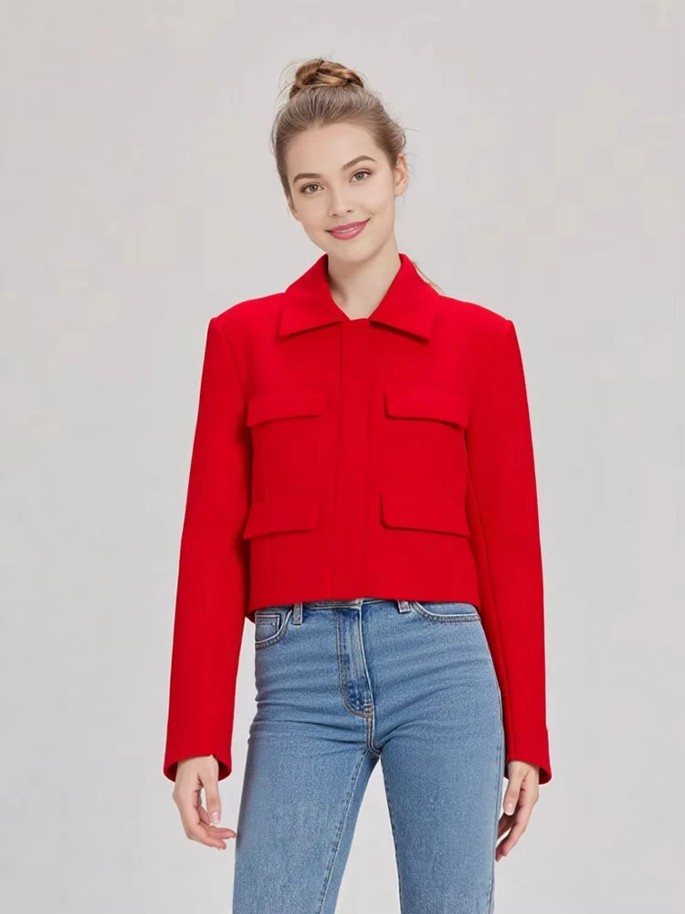 HH Autumn Jacket For Women Slim Cropped Coat Elegant Solid Long Sleeve Jacket Front Flap Pocket Outerwear Fashion Streetwear