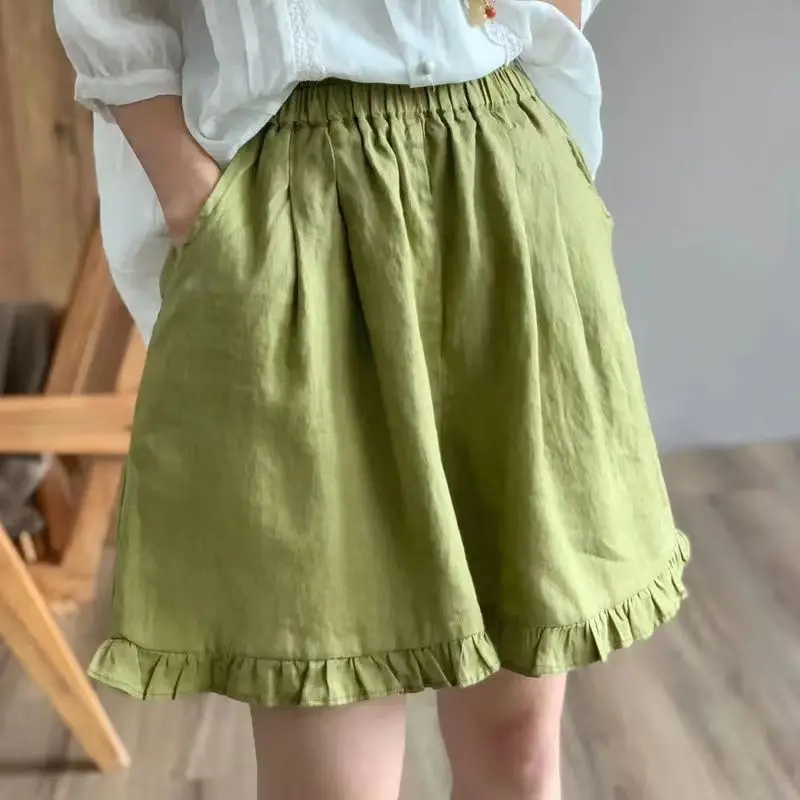 Minimalist Commute 2024 Summer Shorts Women Solid Pockets Ruched Breathable Quick Drying Loose Casual Cotton Hemp Wide Leg Pants