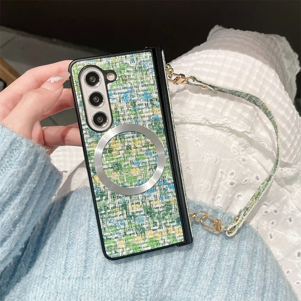 Magnetic Weave Leather Shockproof Wrist Strap Phone Case with Hinge Protection