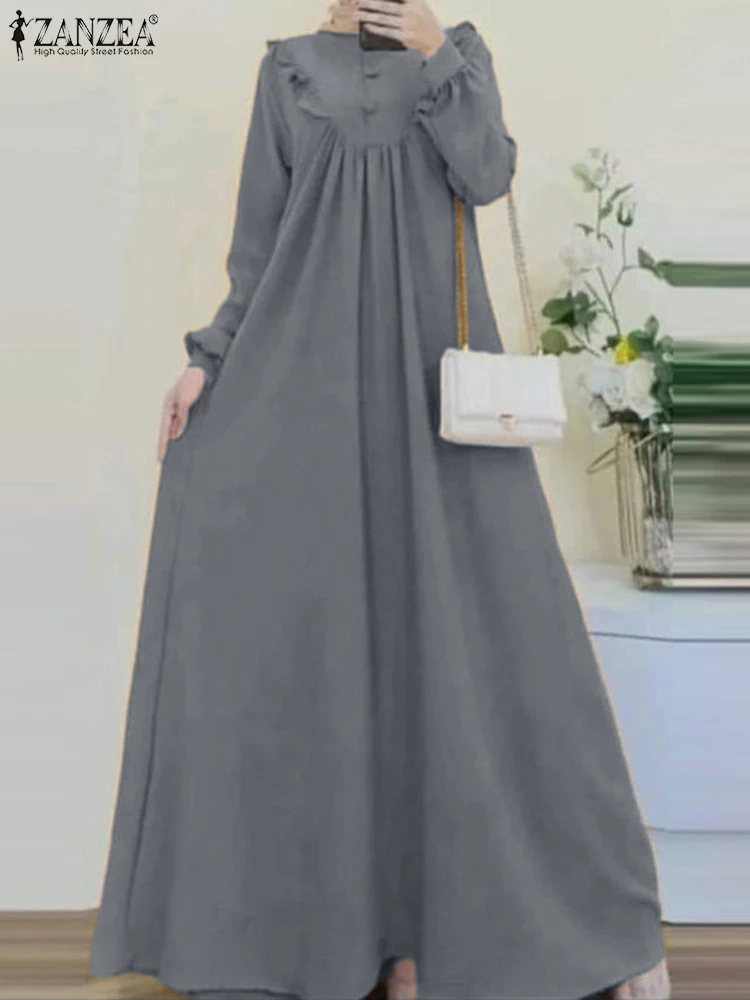 

ZANZEA Fashion Long Sleeve Muslim Abaya Dress Women Spring Ruffles Sundress Robe Femme Casual Eid Mubarek Ramadan Vestido Kaftan