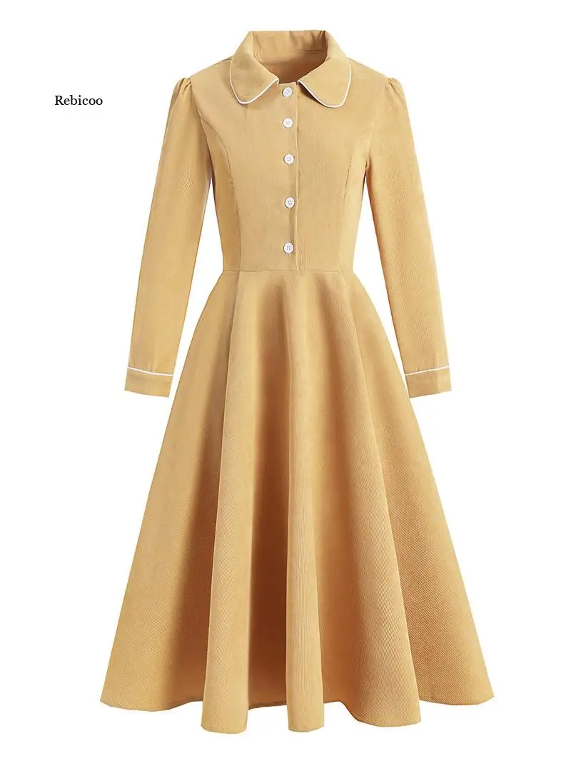 

Peter Pan Collar Yellow Corduroy Elegant Women Midi Swing Dresses Spring Autumn Long Sleeve Pockets Vintage Dress