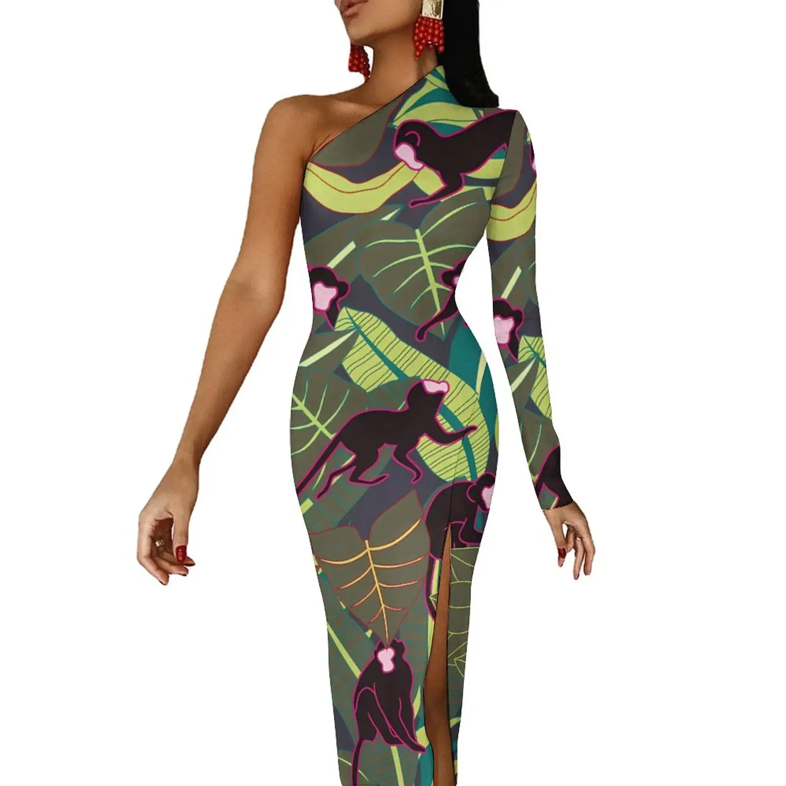 

Платье-макси с длинным рукавом и принтом в виде забавной обезьяны