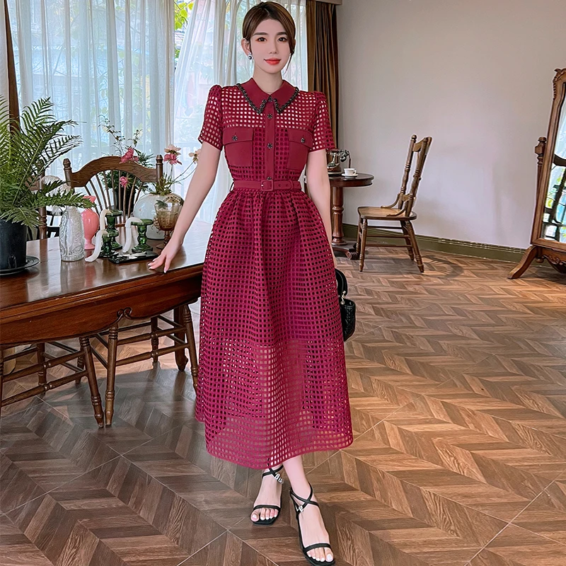 

Fashion Luxury Retro Beaded Water Soluble Lace Dresses For Women Elegant Sexy Hollow Out Lapel Slim A Line Long Dress Party Rob