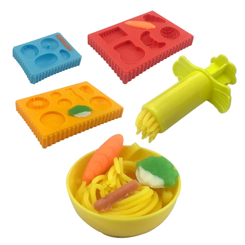 Food Play Dough Molds for Kids Plastics Fruit Vegetable Dumpling Noodle Mold Knife Fork Bowl Plate Playdough Accessories Toys 2