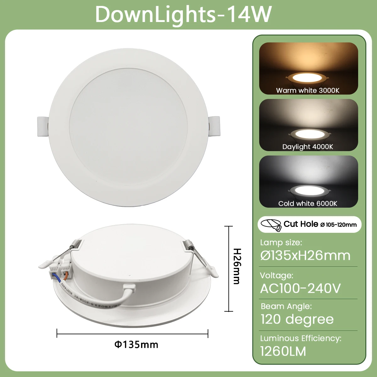 ตัวเลือกสินค้า ไฟ LED ฝังผนัง ทรงกลม 10-24W ใช้งานได้ทั้ง 120V และ 220V