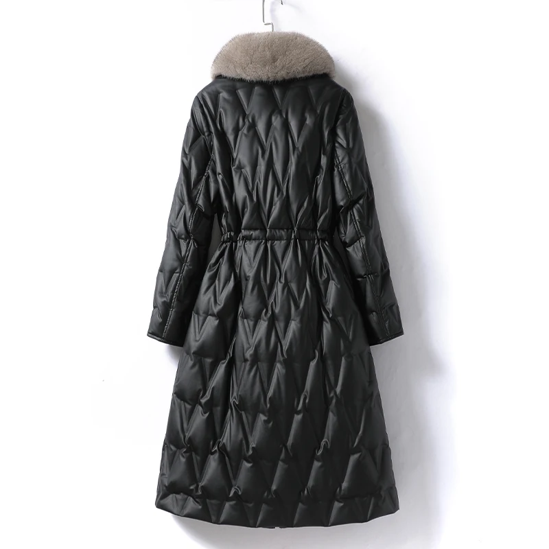 Women's Winter Mid Length Leather Coat, Black Lace Up Waist Collection, Temperament Mink Collar, White Duck Down Coat