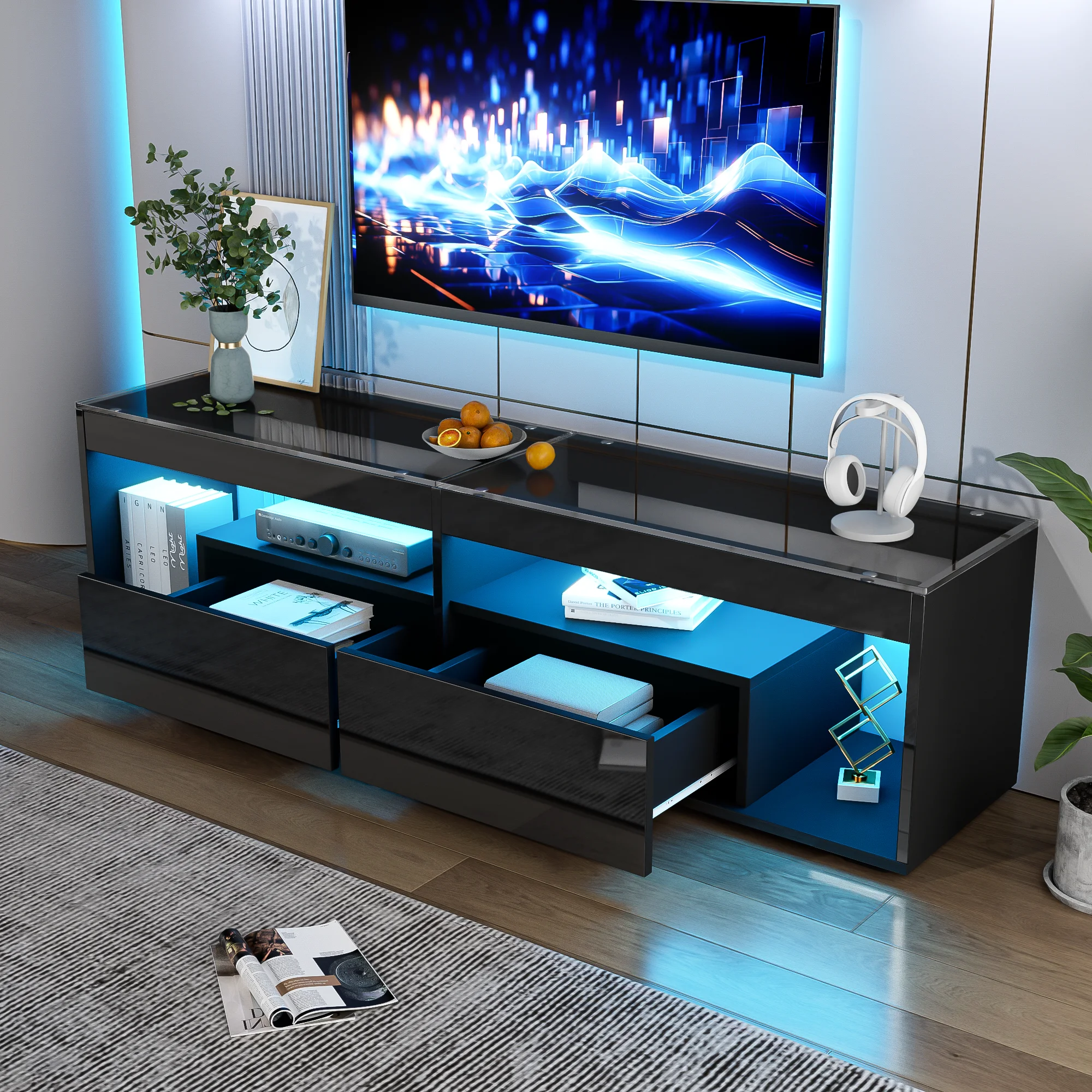Hochglanz-LED-TV-Schrank, geeignet für Fernseher bis zu 70 Zoll, schwarzer Wohnzimmer-TV-Ständer mit 2 Schubladen, TV-Konsolentisch für das Wohnzimmer. – Detail 7