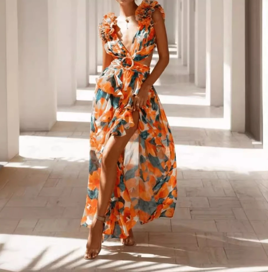 

Women's Fresh and Sweet Dress 2024 Spring/summer Latest Fashion Countryside V-Shaped Collar Print Off The Back Sexy Sling Skirt