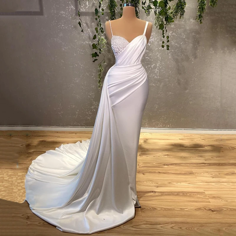 

Sexy Wedding Dresses For Women Charming 2023 Sleeveless Pearls Bride Dress White Mermaid Floor Length Robe De Mariee Customize