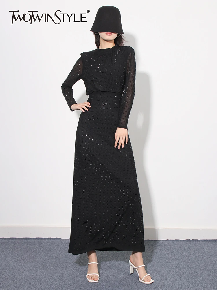 

TWOTWINSTYLE Solid Patchwork Diamonds Dress For Women Round Neck Long Sleeve High Waist Spliced Zipper Slimming Dresses Female