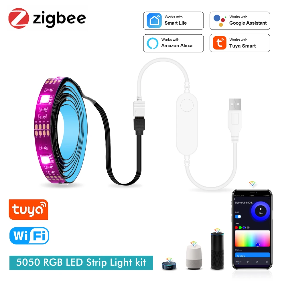 Zigbee-tira de luces Led para televisor inteligente, iluminación trasera con Wifi, RGB, DC5V, 5050, con Alexa y Google Home