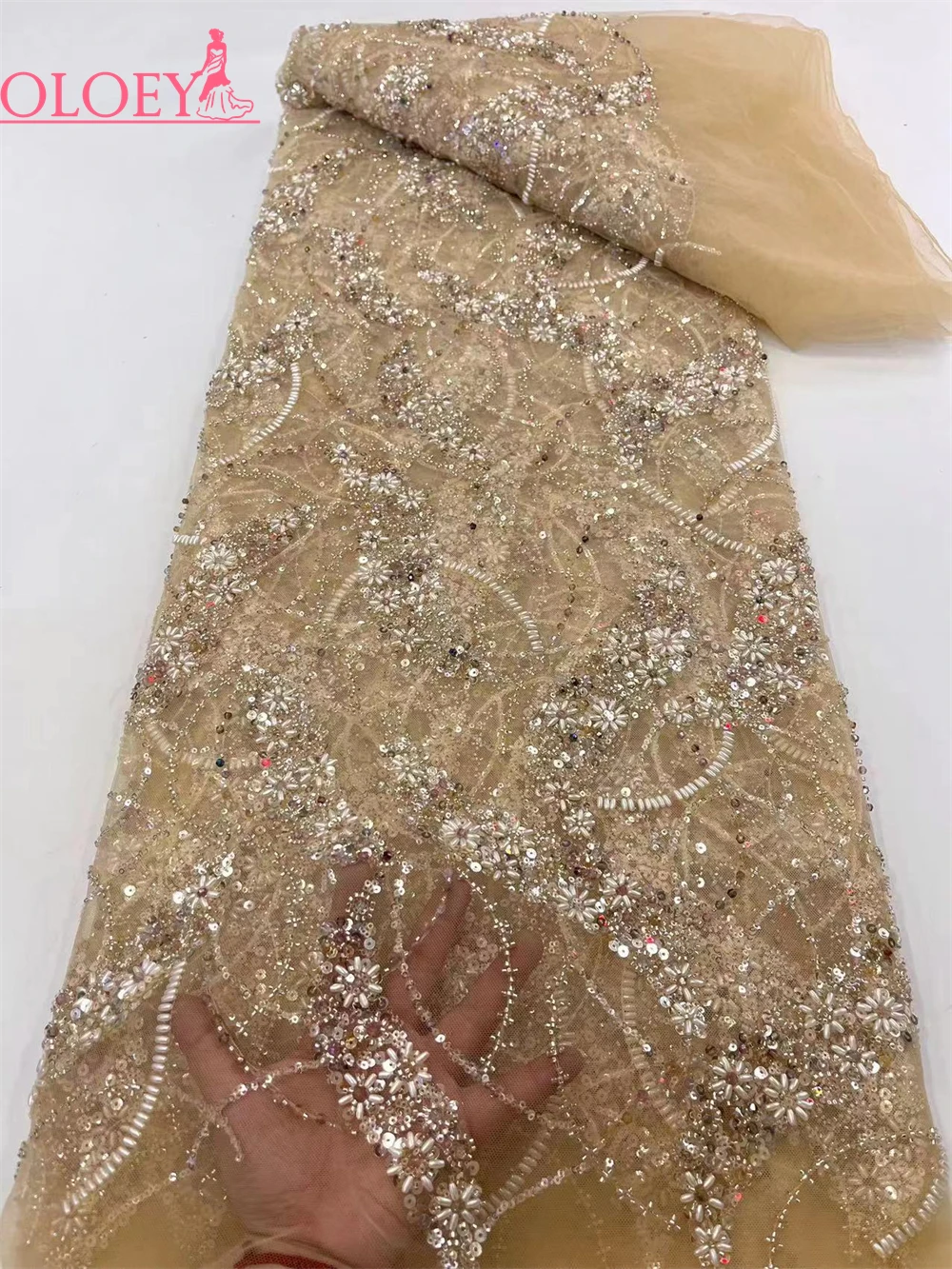 

High-End Luxury French Embroidery Heavy Groom Lace Fabric African Nigerian With Sequin And Gemstones Fabric For Wedding Dress