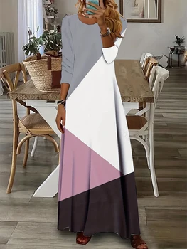 Abito semplice a blocchi di colore Casual girocollo manica lunga abbigliamento da donna lungo autunno nuovi abiti lunghi 2024 1
