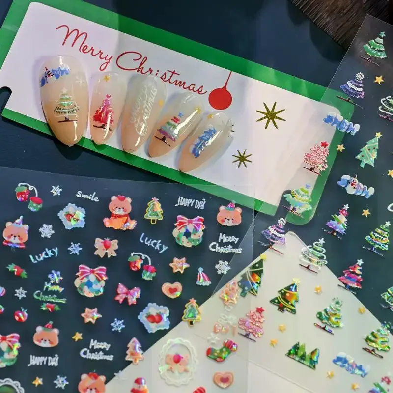 5D Laser Relief Christmas Nail Stickers - Snowflakes Santa Elk Christmas Tree Decals, Embossed Winter Xmas DIY Manicure Set