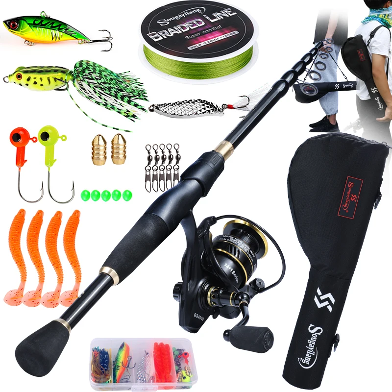 Sougayilang Fishing Rod Full Kits with Telescopic Fishing Rod and Spinning Reel Baits Hooks and