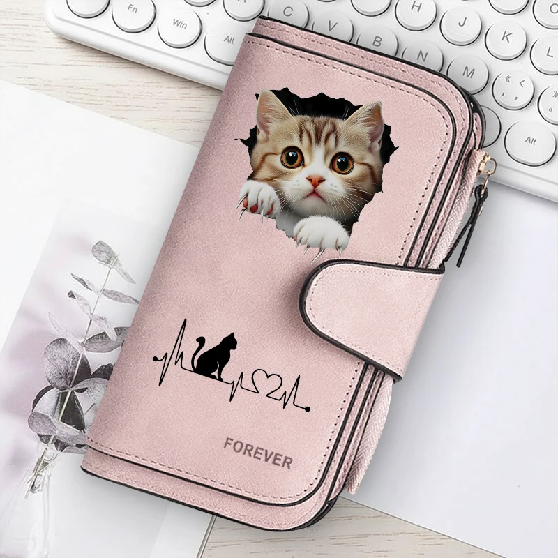 2D Niedliche Katzen-Herzförmige Damen-Geldbörse mit Reißverschluss, Schnallen-Handtasche, Münzgeldbeutel aus Weichem PU, Multikartenhalter mit Großer Kapazität – Detail 5