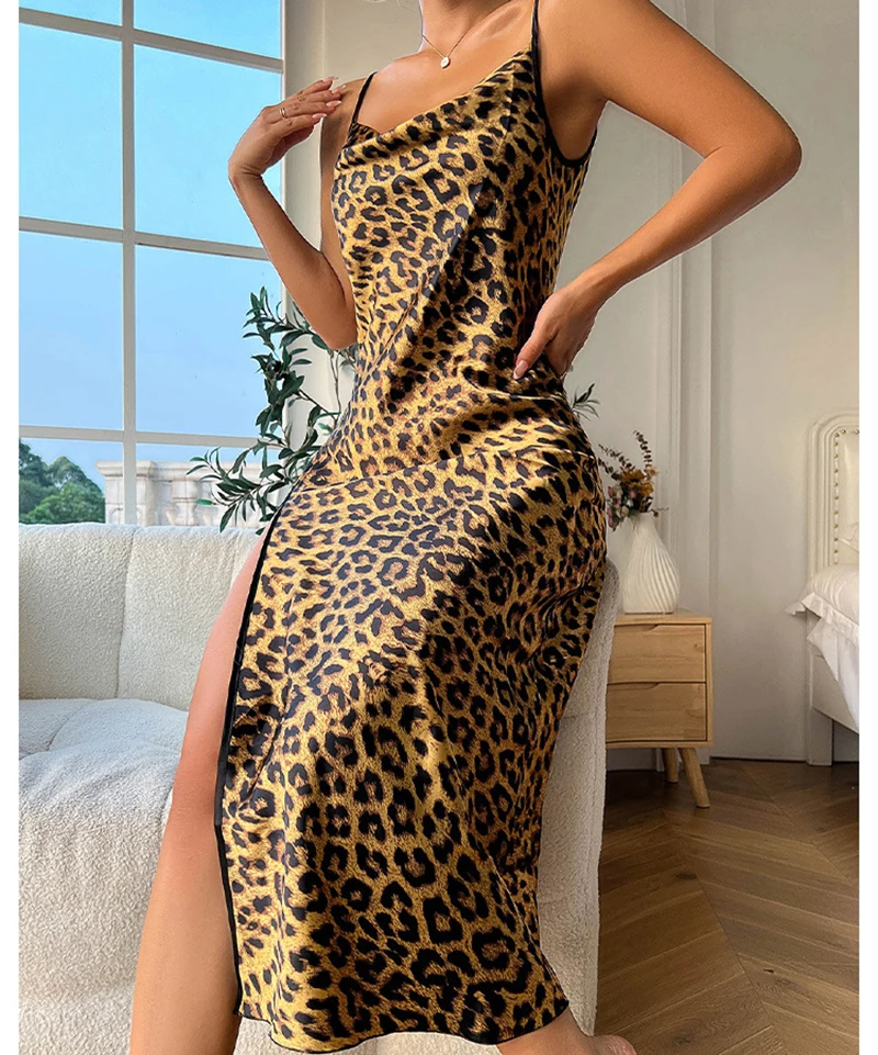 Summer Silk Satin Side Slit Women's Long Nightgown Full Slip Nightdress Soft Sleepdress Leopard Print Nightshirt Midi Dress S-XL