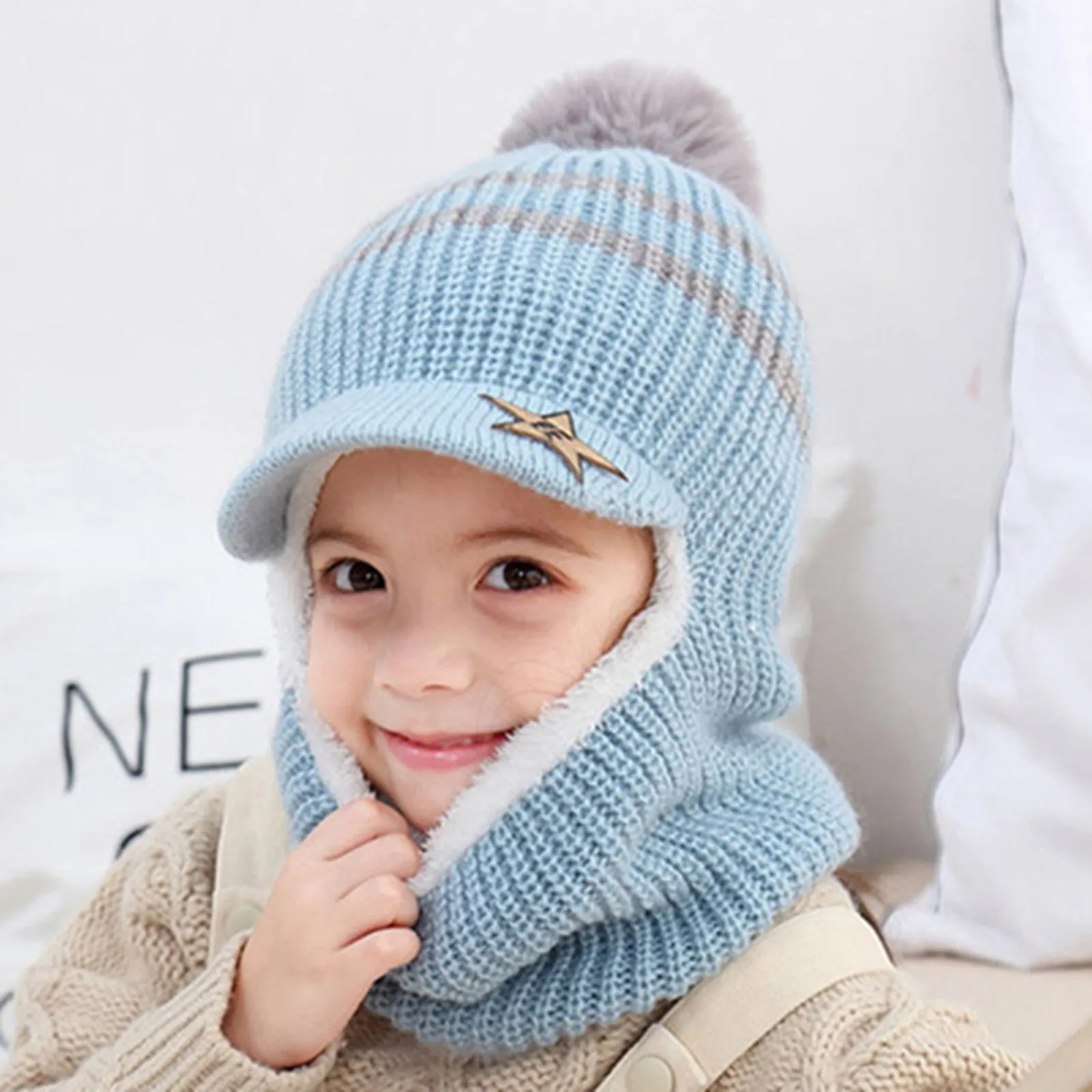 Baby Hat Kids Caps Winter Kid Hooded Caps Windproof Ski Cycling Earflap Scarf Hat Toddler Baby Knit Thick Warm Beanie Cold Weather Accessories