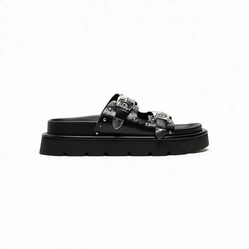 ESVEVA Women Sandals Shoes Fashion Genuine Leather Low Heels Slingback Platform Woman Casual Rivet Slippers Size 34-40