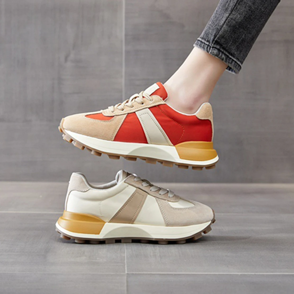 

Maxdutti Retro Color-Blocking Leather Women's Shoes Thick-Soled Height-Increasing Sneakers Fashion 2023 Summer