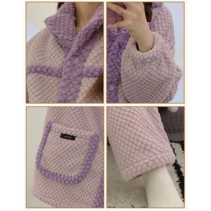 Female Coral Velvet Pajamas Winter Thickened Fleece-lined Long Sleeves Trousers Nightclothes Suit Women Flannel Warm Loungewear
