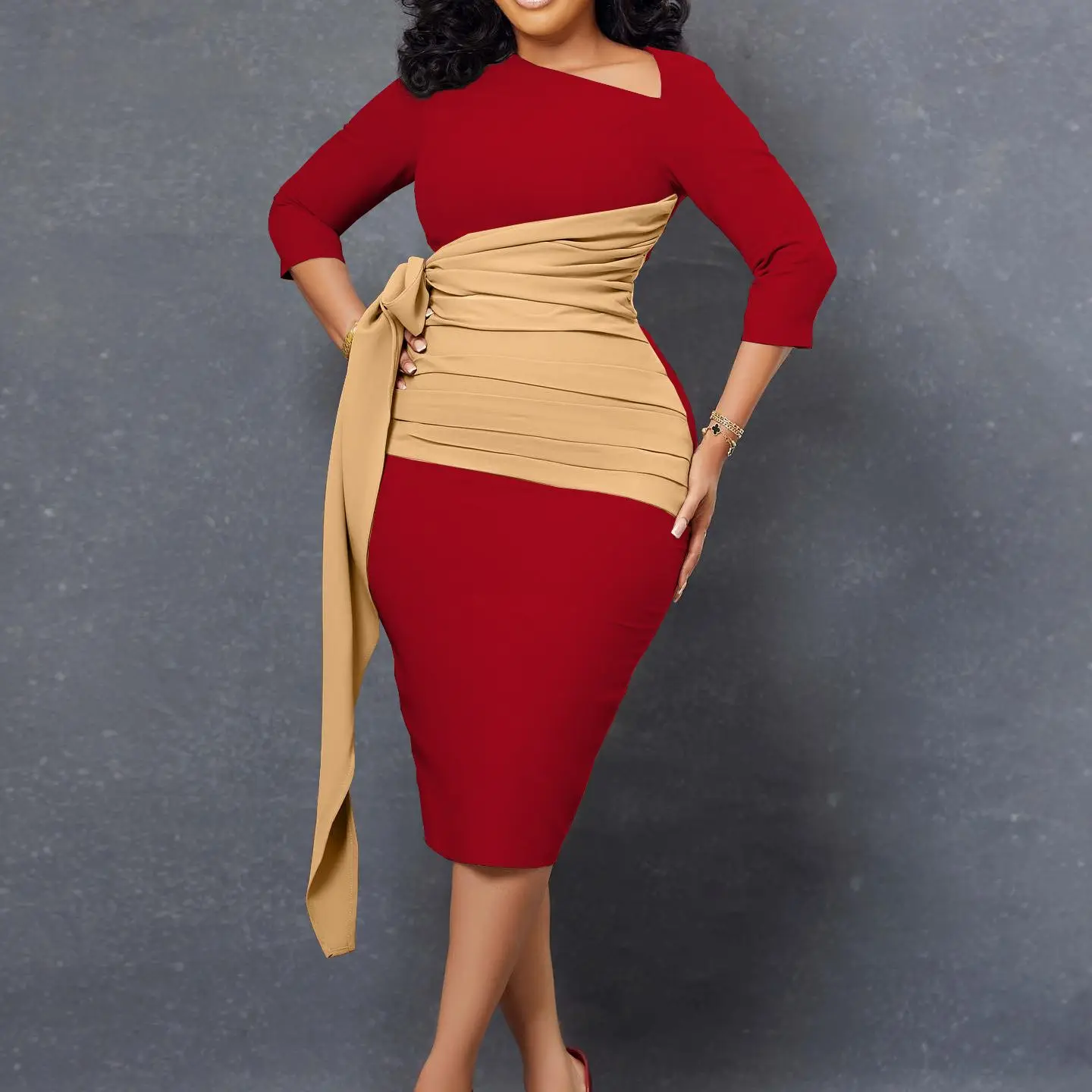 Sexy Bodycon Dresses for Women Elegant Ruffles Sashes Robe Three Quarter Sleeve Package Hip Female Classy Office Midi Vestidos