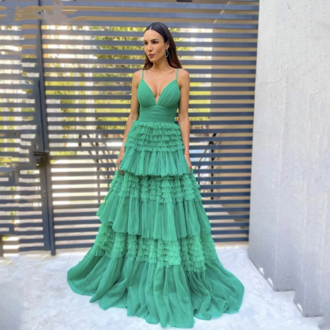 

Romantic Green Tulle V-Neck Spaghetti Strap Pleated Special Occasion Dresses Prom Gown Backless A Line Draped Vestidos De Fiesta