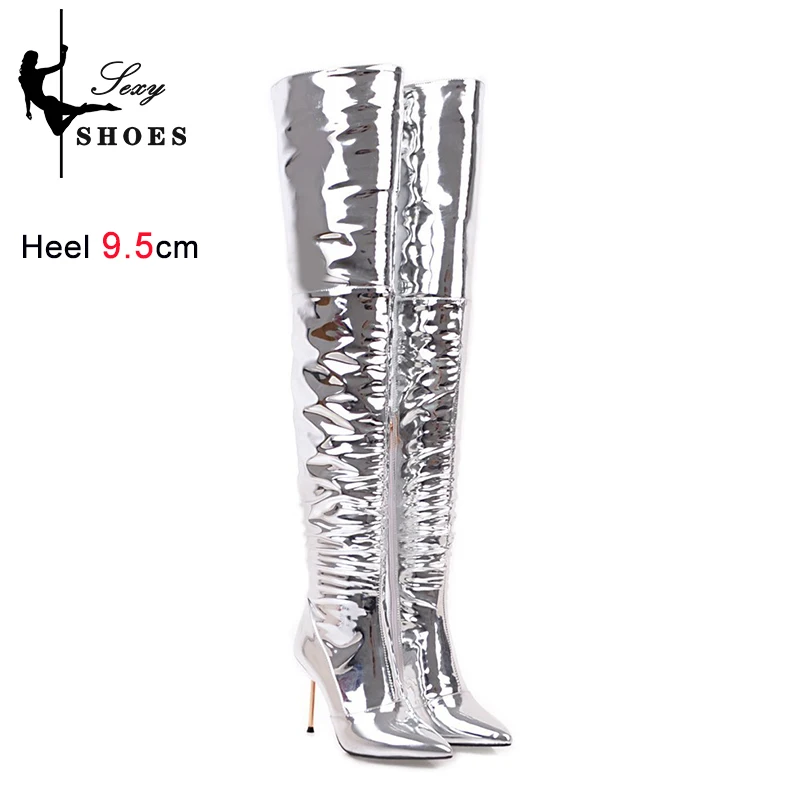 Silvery Over-the-knee High Boots Women Party Winter Shoes Stage Show Mirror Stiletto Heels 9.5CM Ladies Pointed Toe Long Boots