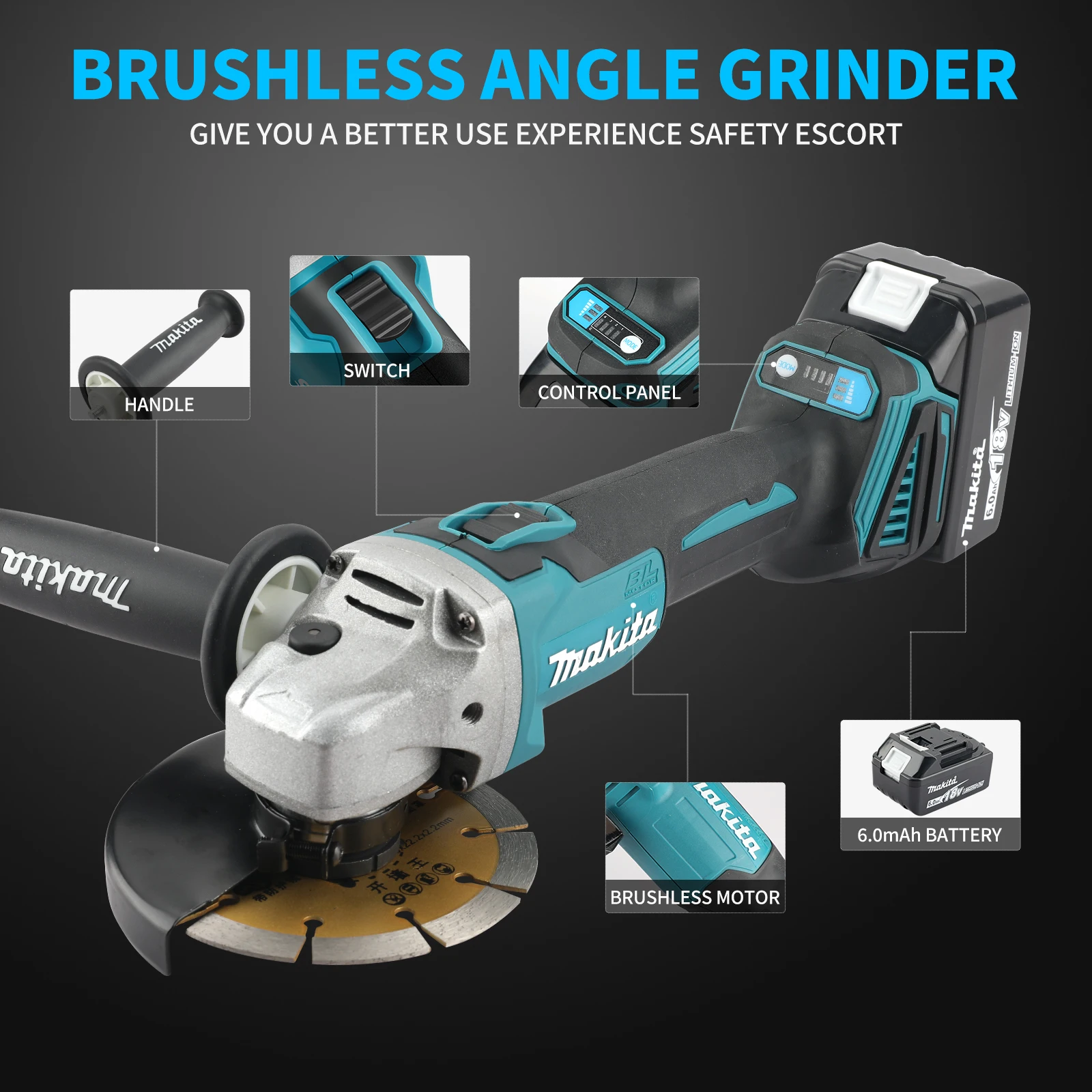Makita18V electric tool DGA404 cordless grinder electric tool angle grinder brushless sanding machine trimming machine