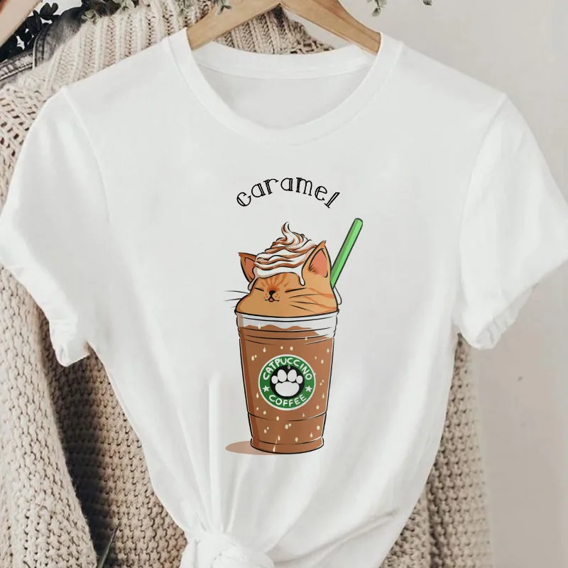 

Female T Shirt Girls Clothing Summer Coffee Cats Short Sleeve Women Tshirts Print Casual Fashion Clothes Tee shirt Female Top