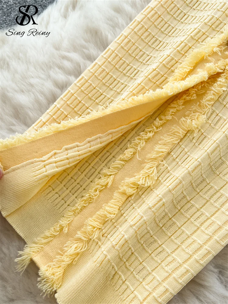 SINGREINY Workwear Elastic Knitted Dress Women Short Sleeves Single Breasted Design 2025 Summer Korean Vintage Split LongDress 5