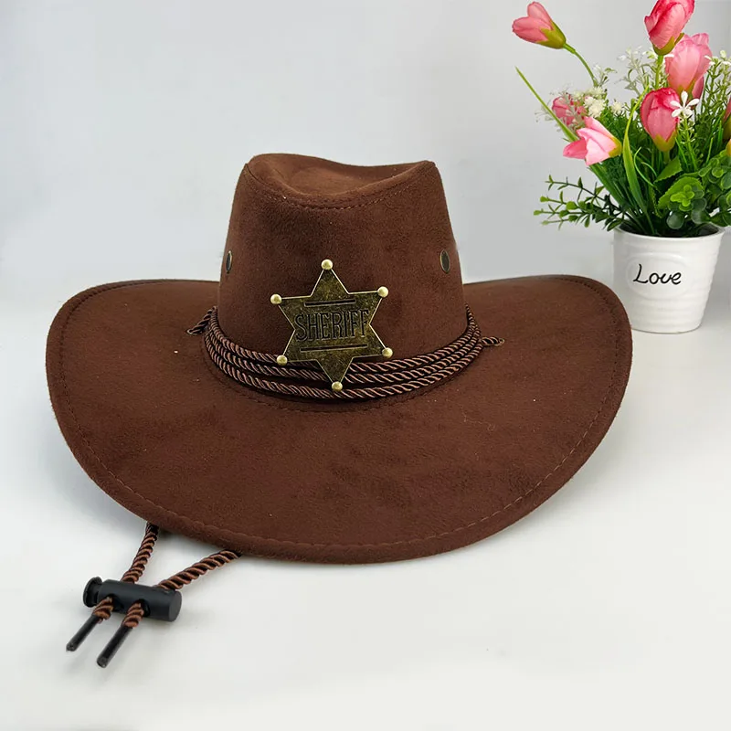  - Western Cowboy Hat Retro Sheriff Cap Sunscreen With Wind Rope Hat Men And Women Horseback Riding Tourism Fishing Sunshade Cap