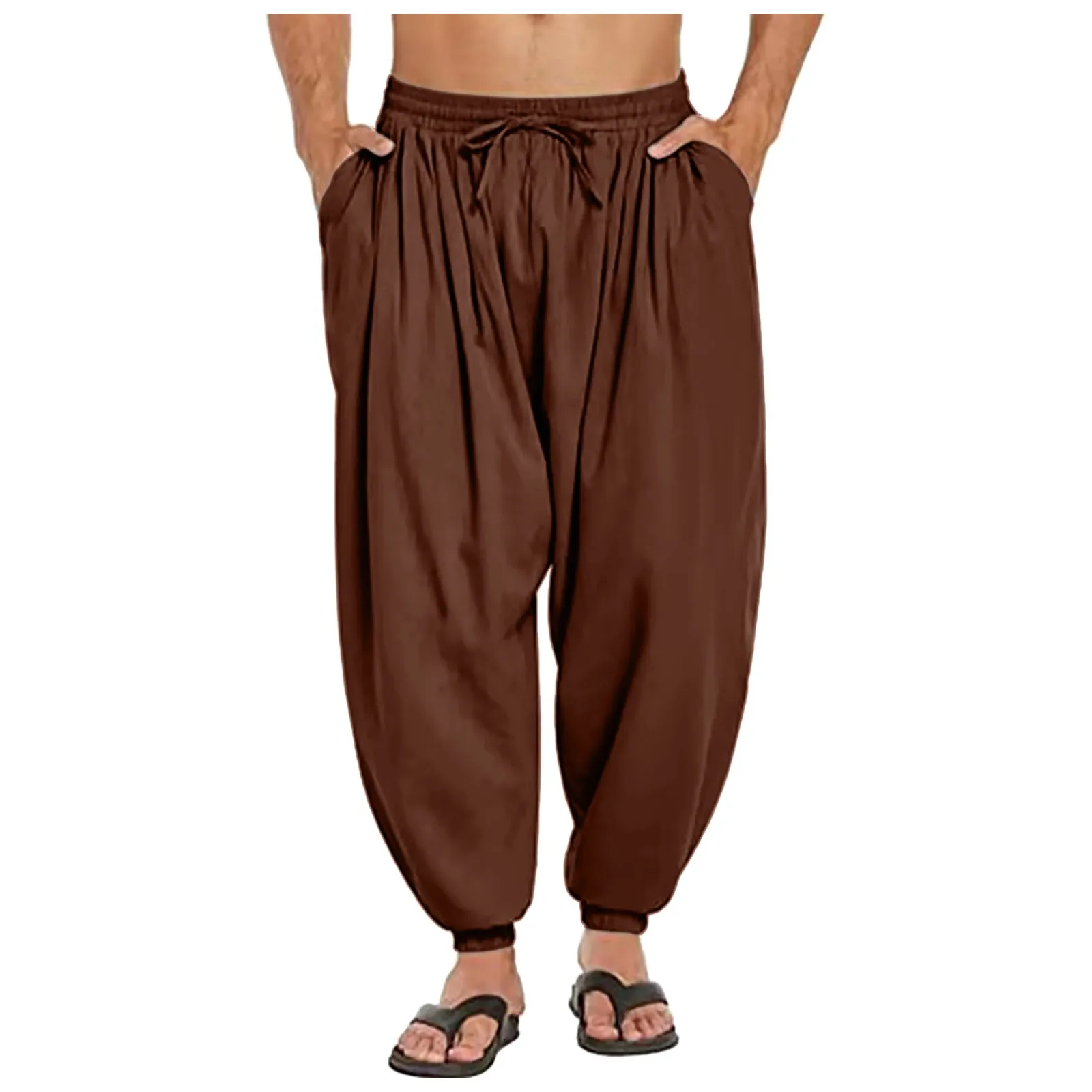Mens Linen Yoga Pants Elastic Waist Drawstring Beach Loose Fit Casual Tapered Trousers Mens Ling Swim Trunks 2