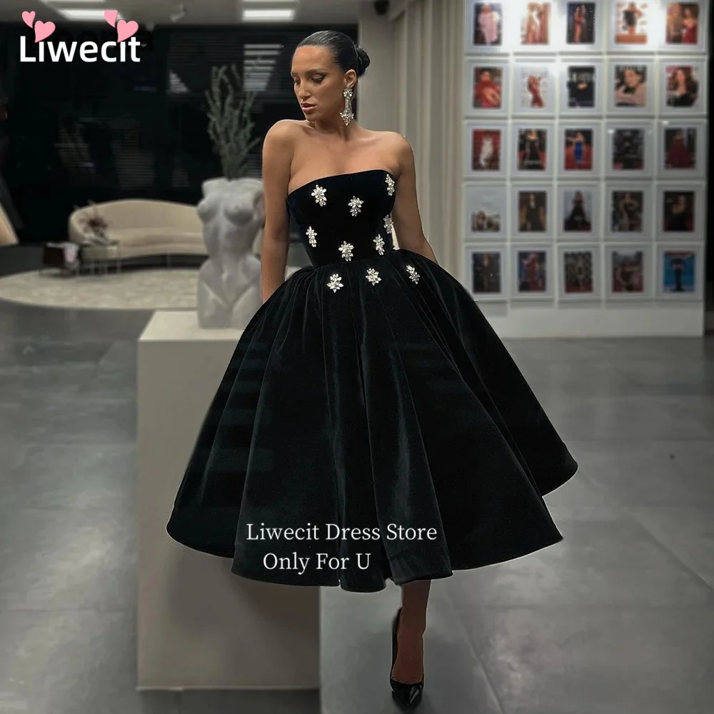 

Liwecit Velvet Midi Short Prom Dresses Strapless Crystals Pleated Velour Formal Party Dresses Tea Length A-Line Evening Gowns