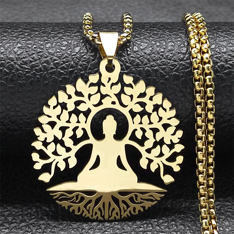 Buddhismus Meditation Buddha spirituelle Halskette Edelstahl Gold Farbe buddhistische Halskette Schmuck Kragen para mujer n4601s01