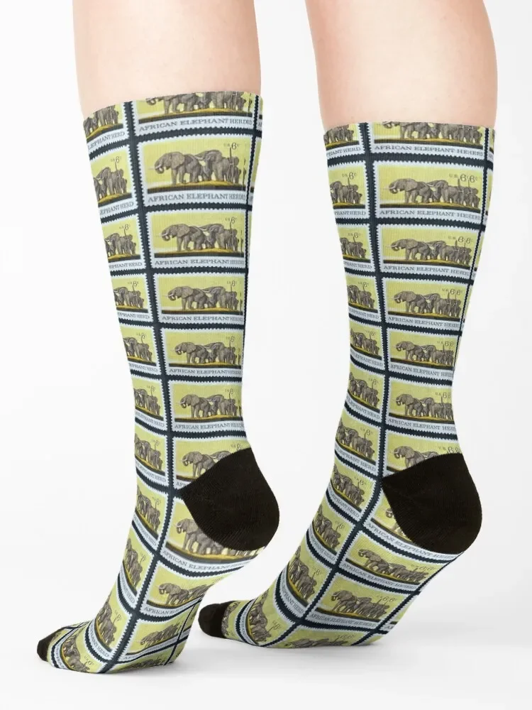 African Elephant Herd Vintage Postage Stamp Socks Toe sports soccer anti-slip Men Socks Luxury Brand Women's
