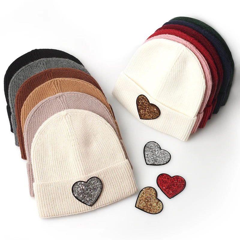 Fashion Sequined Heart Knitted Winte Beanie For Women Solid Autumn Warm Casual Skullies Beanies Female Soft Thick Rolled Hats 2