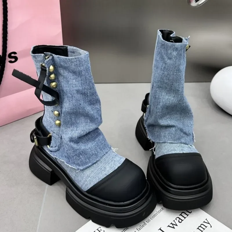 

Winter Flats Ankle Women Cowboy Chelsea Boots Fad 2023 New Chunky Motorcycle Botas Platform Gladiator Goth Shoes Women Zapatos