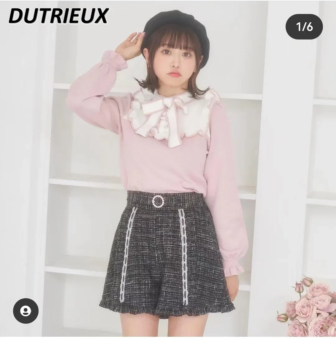

Japanese Style 2023 Autumn Winter Color Matching Lace-up Bottoming Sweater Cute Girl Lacework Puff Long Sleeve Pullover 2 Colors