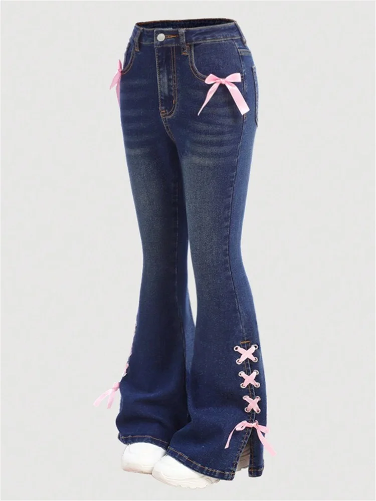 Wmstar Jeans Women High Waist Denim Bottom Boy Friend Flared Pants Bandage Korean Fashion  Streetwear Wholesale Dropshipping