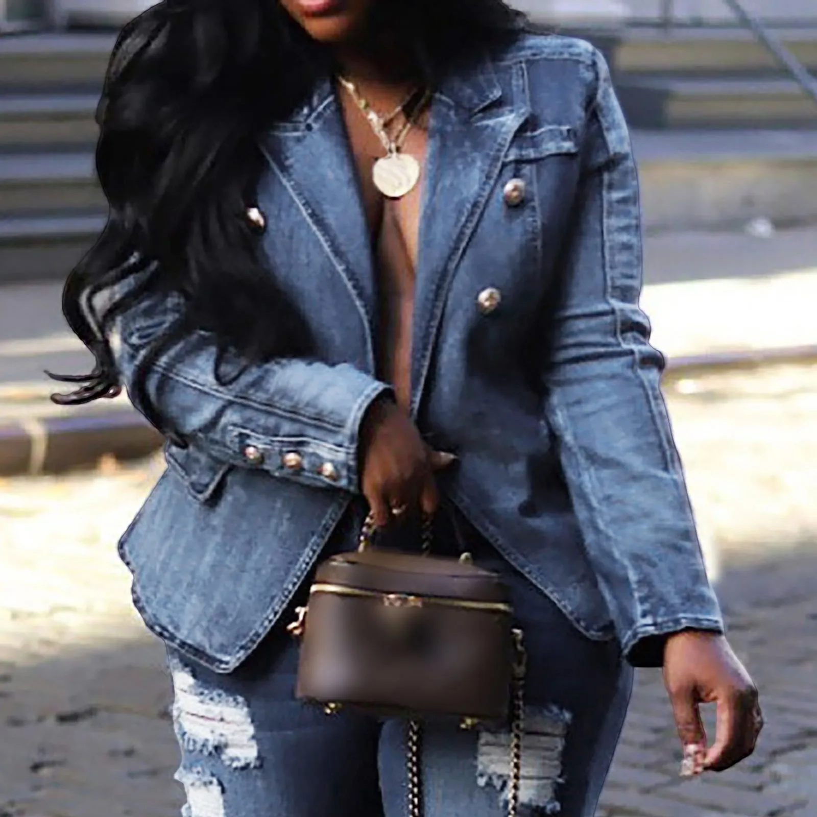 Fashion-Demin-Jacket-Women-Double-Breasted-Notch-Lapels-Slim-Blue ...