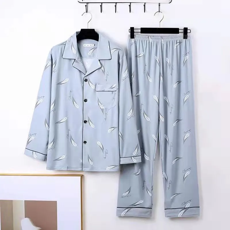 2022 Fashion Men Pajama Sets Silk Satin Pijama Turn-down Collar Sleepwear Long Sleeve Spring Nightwear Male 2PC Sets Homewear mens loungewear sets