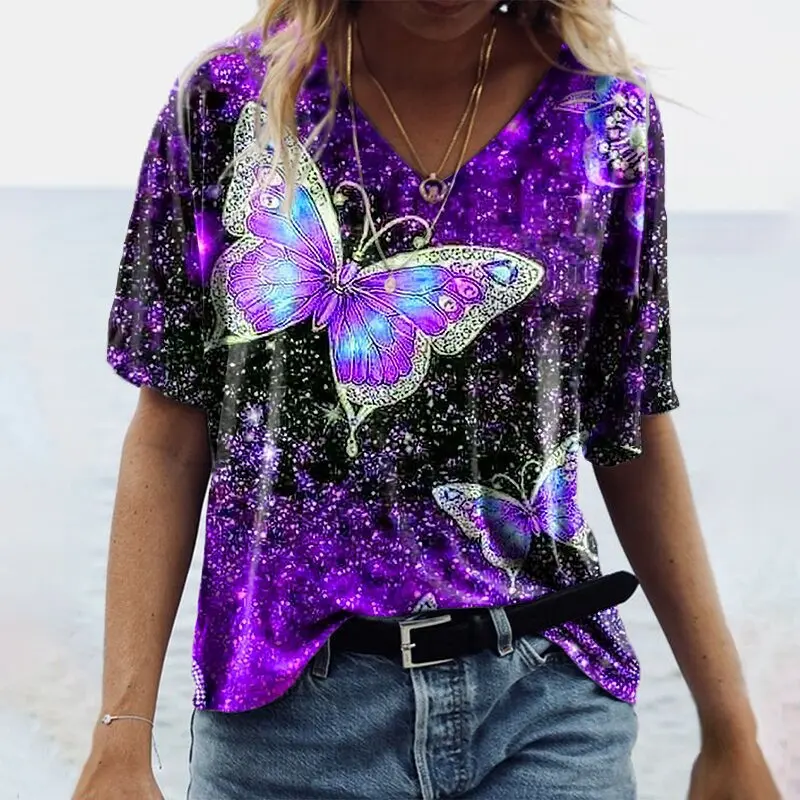 4XL 5XL Summer Butterfly Print Casual T Shirt Women Half Sleeve V-Neck Loose Female Pullovers Shirt Plus Size Tops Street Tee 1