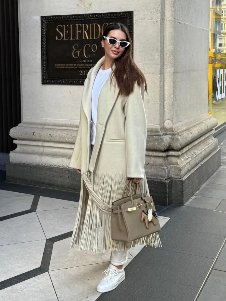 

Autumn Solid Tassel Woolen Blazer Coat For Women Loose Lapel Full Sleeve With Pocket Jacket Female New Fashion Lady Overcoats