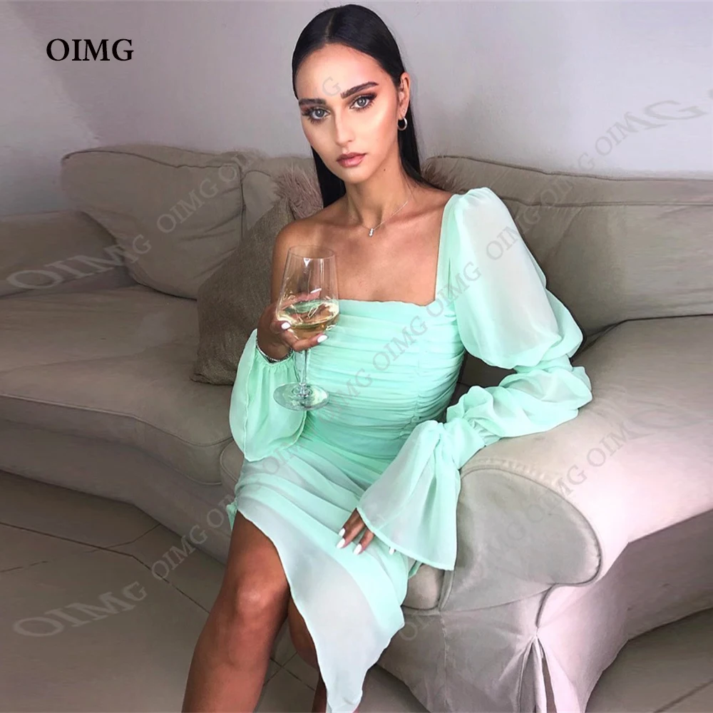 

OIMG Light Green Short Prom Cocktail Party Dresses Strapless Chiffon Pleats Summer Beach Full Sleeves Formal Evening Gowns