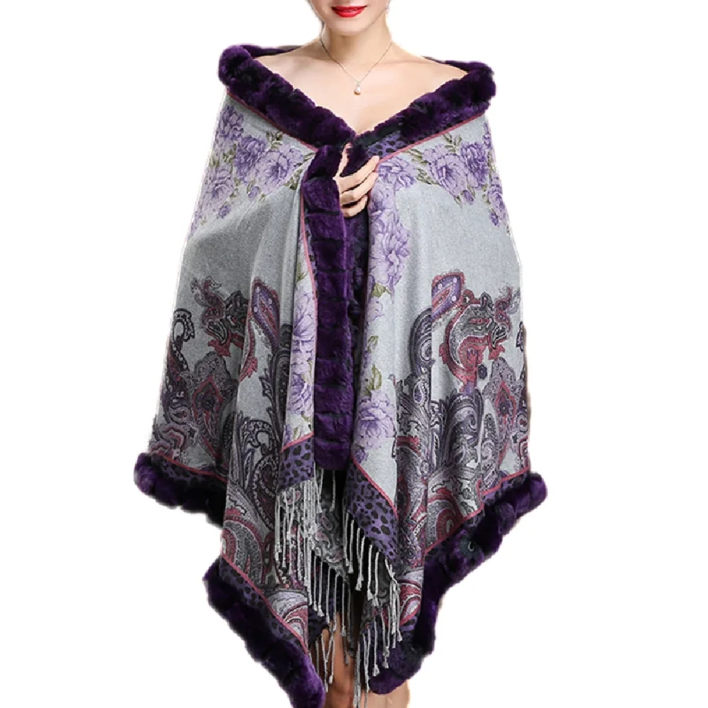 

100% Pure Silk Brushed Shawls Wraps Real Rex Rabbit Fur Trim Cape Poncho Winter Warm Bride Wedding Party