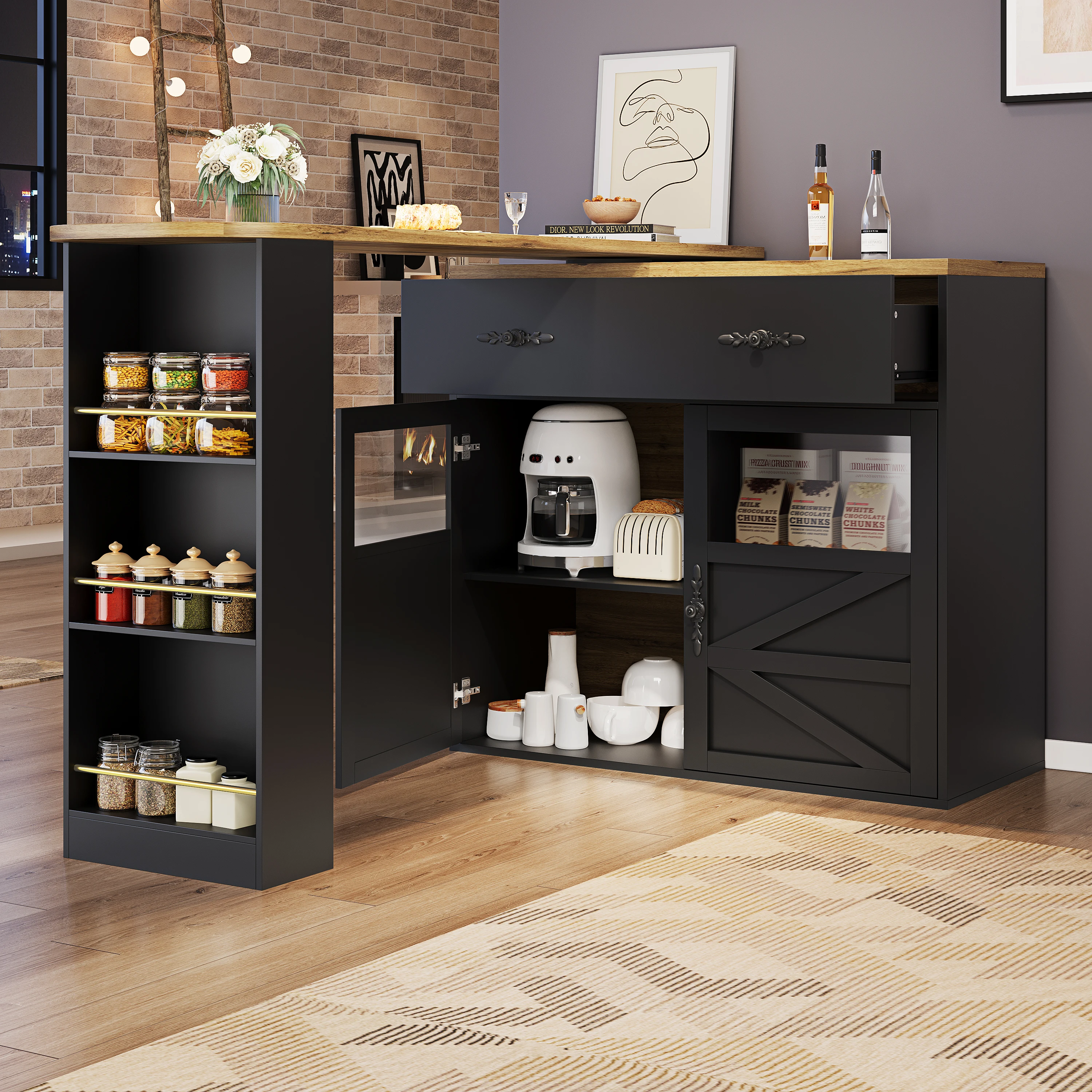 PINGGO-Ausziehbarer Bartisch mit Stauraum, 360 ° Drehbarer Esstisch, Mobiler Bartisch, Hochbeiniger Kücheninsel-Tisch – Detail 11