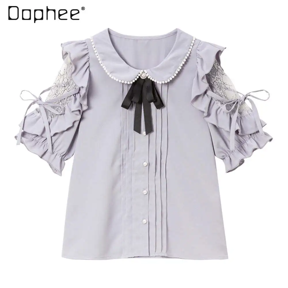 

Женская кружевная Лоскутная рубашка в японском стиле, милая однотонная ажурная рубашка с открытыми плечами и коротким рукавом, топ с бантом из бисера