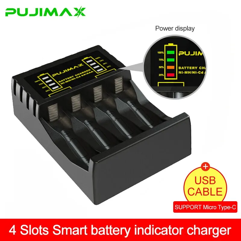 Battery Charger PUJIMAX 4 Slots Intelligent Ni-Mh for Rechargeable 1.2V AA Ni-MH Battery with USB Output Power LED Display