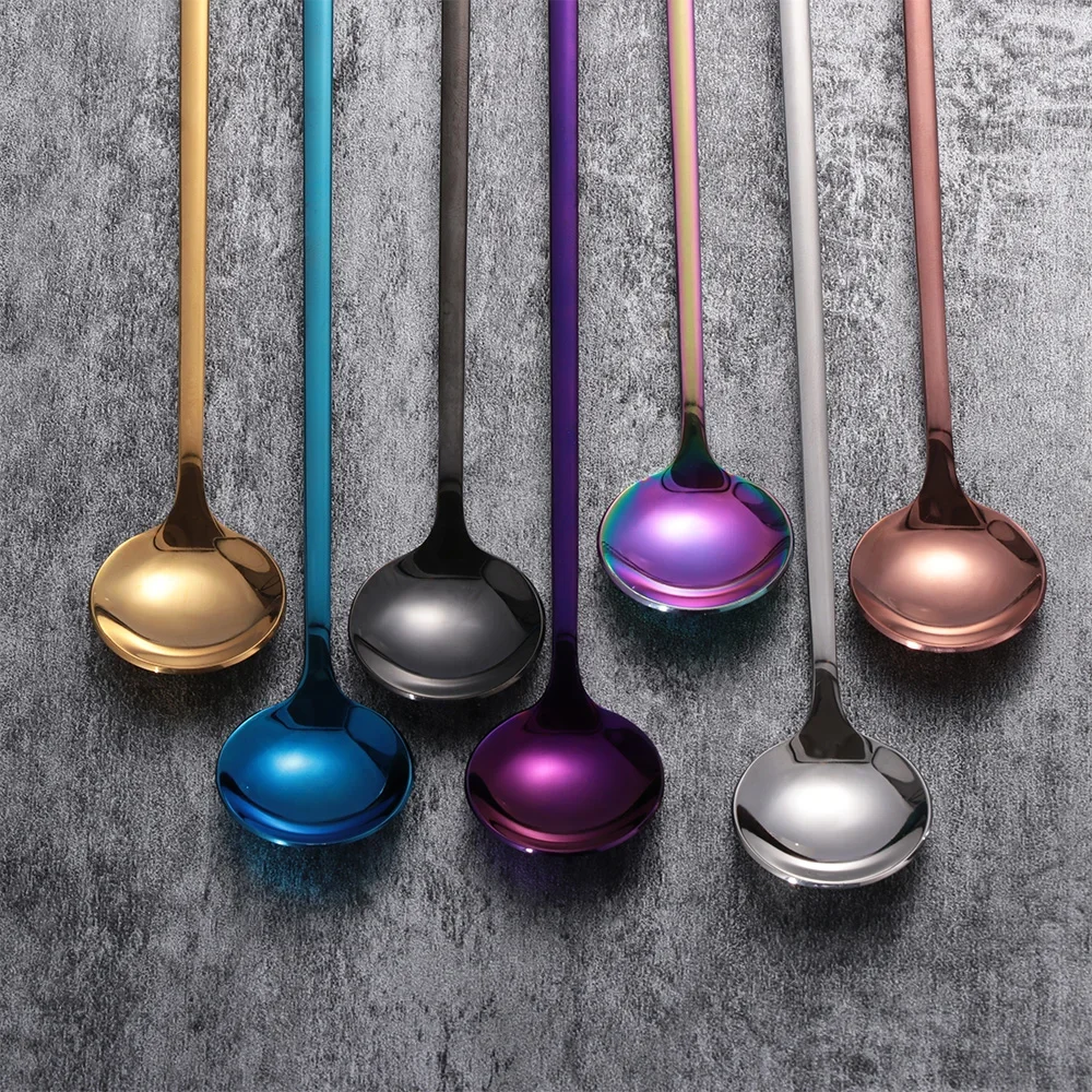 Coffee Tea Stir Spoon Long Handle Ice Cream Dessert Spoons Eco-Friendly Stainless Steel Tableware Kitchen Supplies Rainbow Color